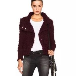 IRO Paris Caty Looped Knit Moto Jacket Burgundy Snap Buttons Wool Blend Sz 38